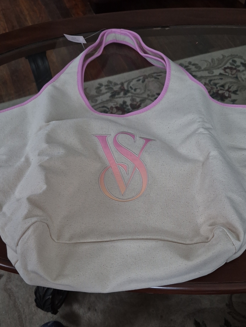 Victoria's Secret Cream Canvas Tote with Pink Trim